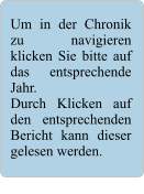 Um in der Chronik zu navigieren klicken Sie bitte auf das entsprechende Jahr. Durch Klicken auf den entsprechenden Bericht kann dieser gelesen werden.